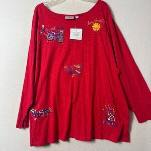 Quacker Factory t shirt sz 5X long sleeve red rhinestones summer vacation beach